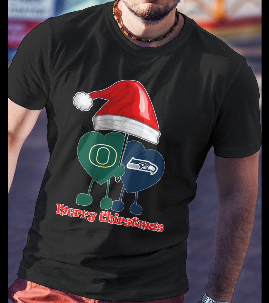 Merry Christmas Oregon Seattle Seahawks Holiday Hat Hearts T-Shirt
