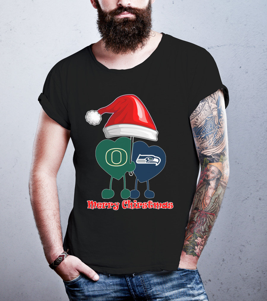 Merry Christmas Oregon Seattle Seahawks Holiday Hat Hearts T-Shirt