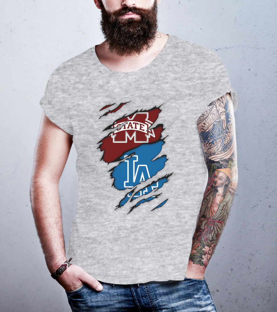 Los Angeles Dodgers LA Mississippi State MS State Torn Effect T-Shirt