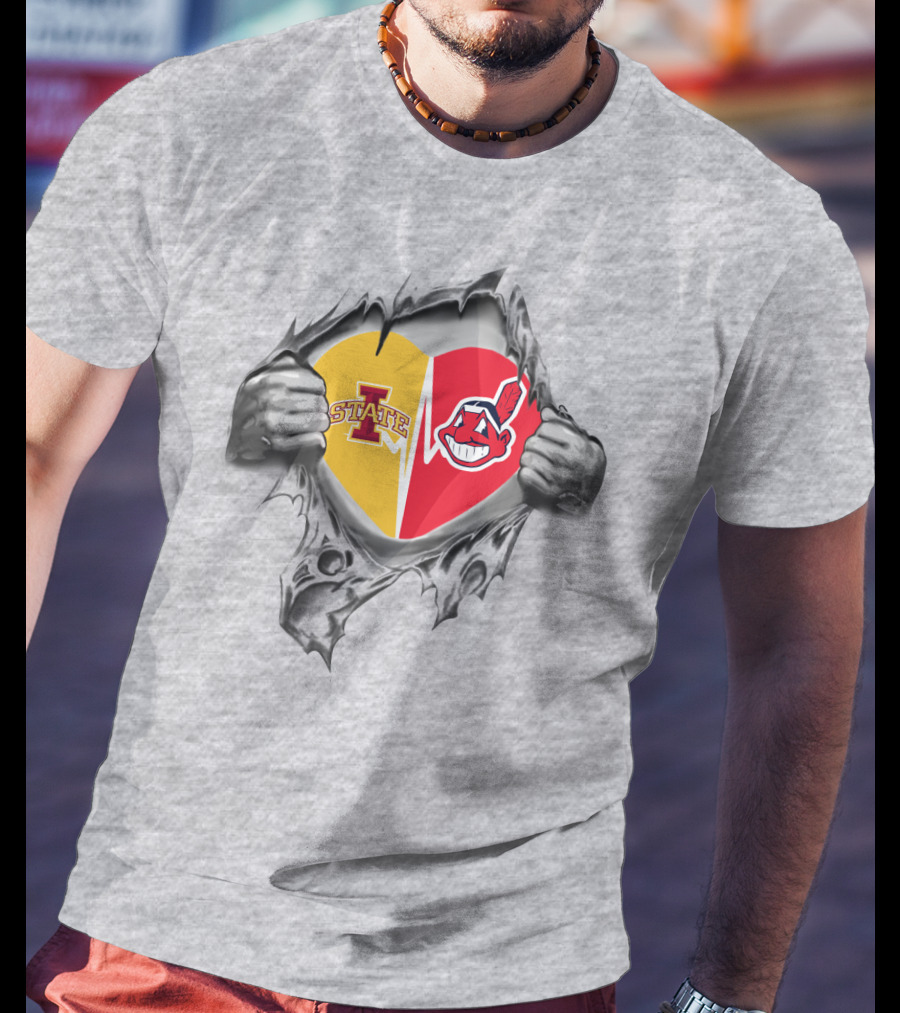 Iowa State Cyclones Cleveland Indians Heart Logo Hands Peeling T-Shirt