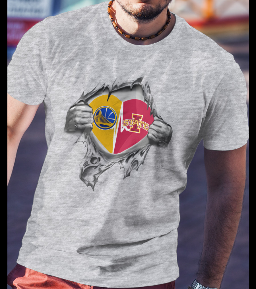 Iowa State Golden State Warriors Heart Split Logo Fusion T-Shirt