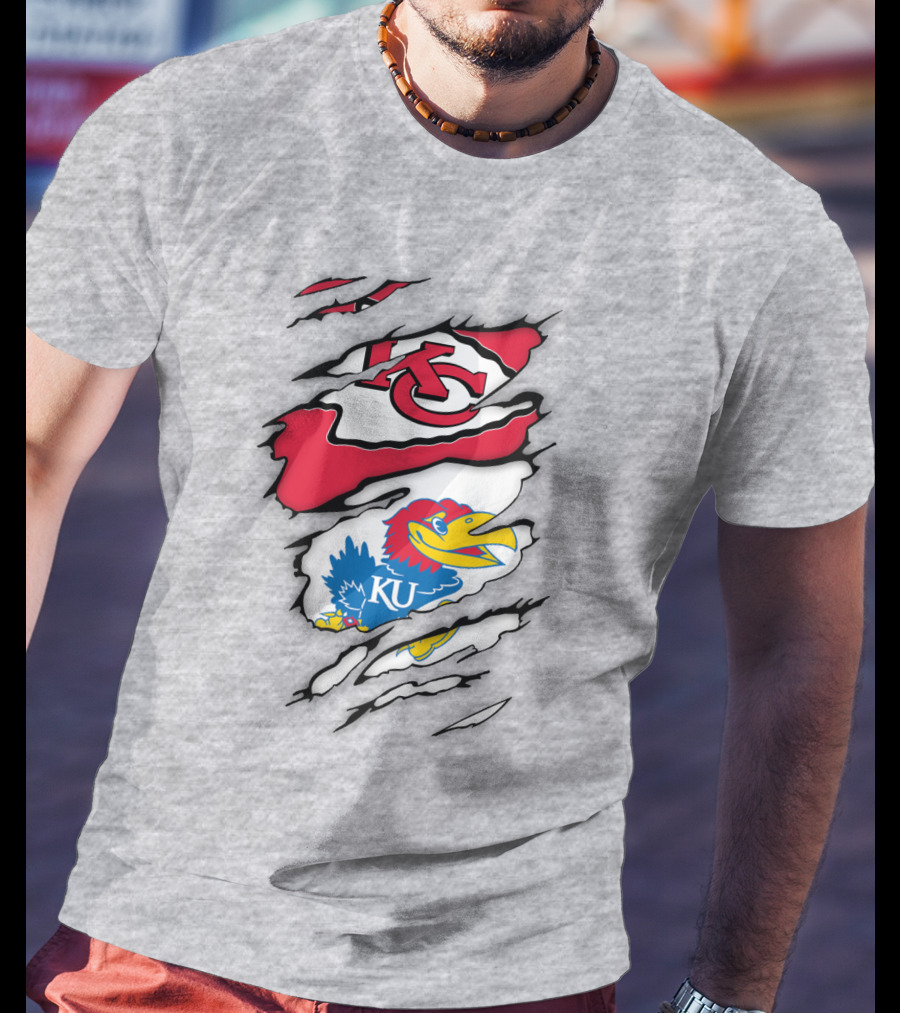 Kansas City Chiefs And Ku Jayhawks Logos Torn T-Shirt