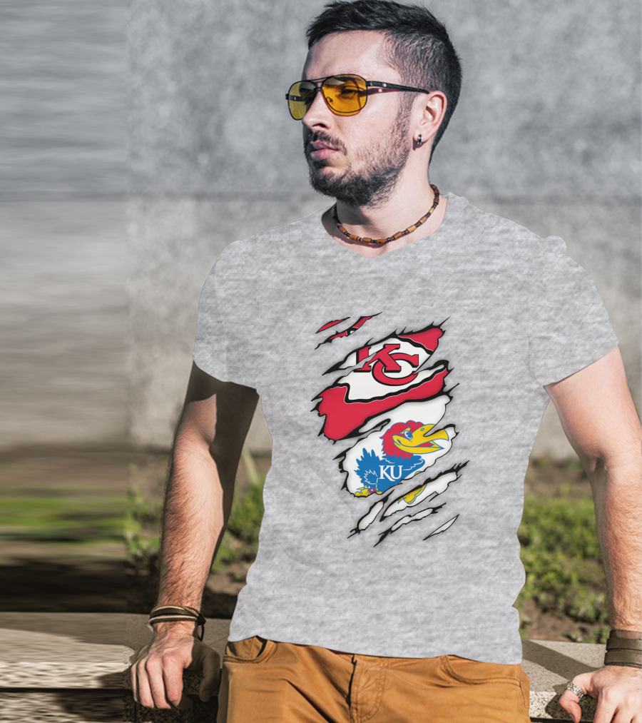 Kansas City Chiefs And Ku Jayhawks Logos Torn T-Shirt