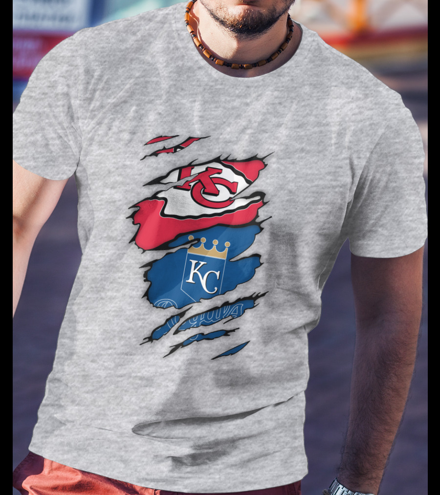 Kansas City Royals Kc And Kansas City Chiefs Arrowhead Red Blue Logo Fusion T-Shirt
