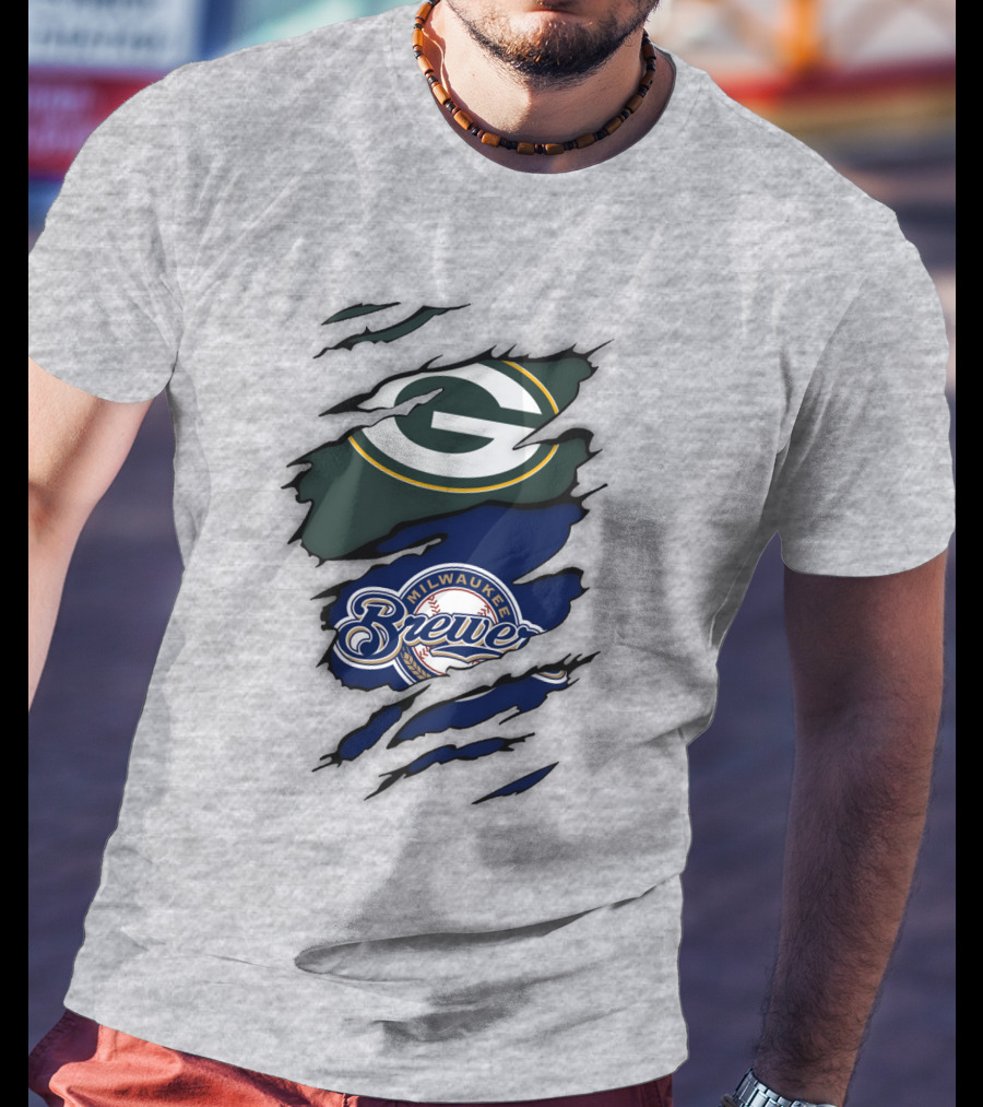 Milwaukee Brewers Green Bay Packers Logos Claw Marks T-Shirt