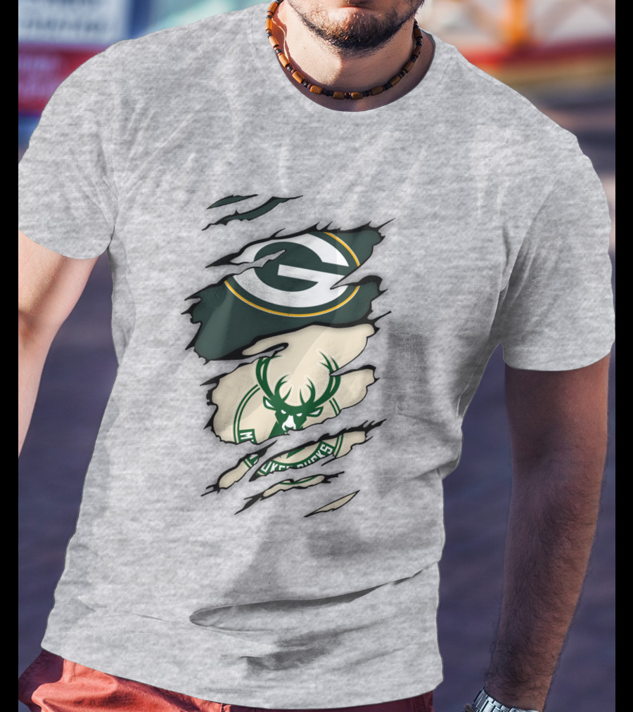 Green Bay Packers Milwaukee Bucks Ripped Reveal Logo Fusion T-Shirt