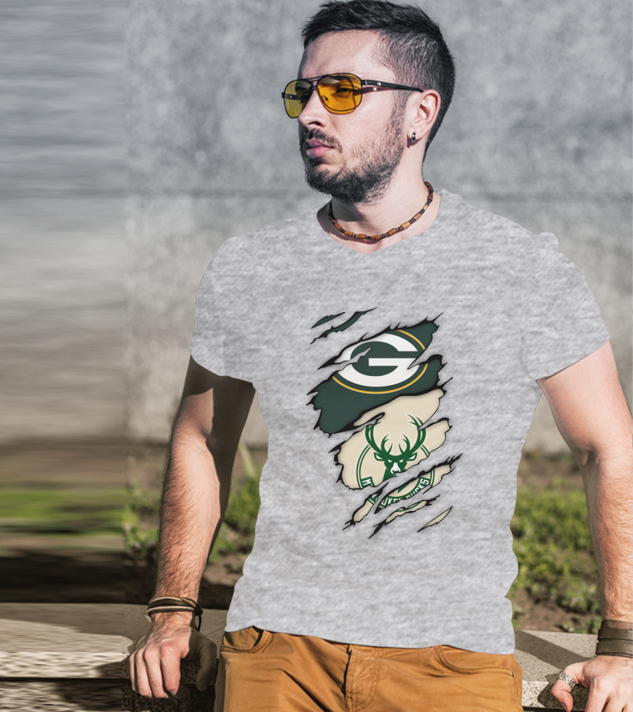 Green Bay Packers Milwaukee Bucks Ripped Reveal Logo Fusion T-Shirt