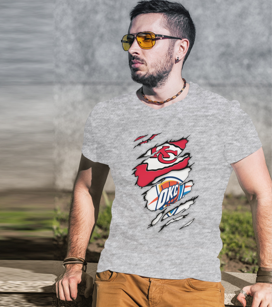 Kansas City Chiefs Okc Thunder Logos Overlapping Sports Crossover T-Shirt