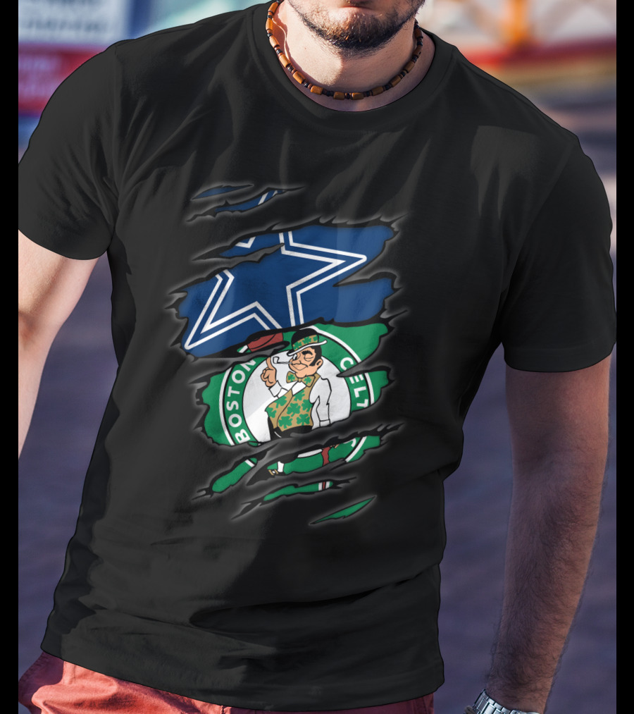 Cowboys Boston Celtics Logo Mashup Ripped T-Shirt