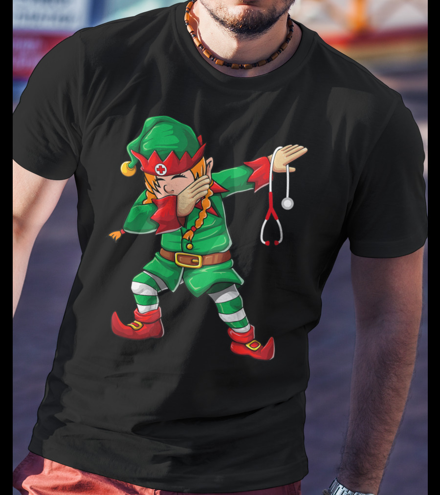 Dabbing Elf Girl Christmas Nurse Stethoscope Scrub Tops T-Shirt