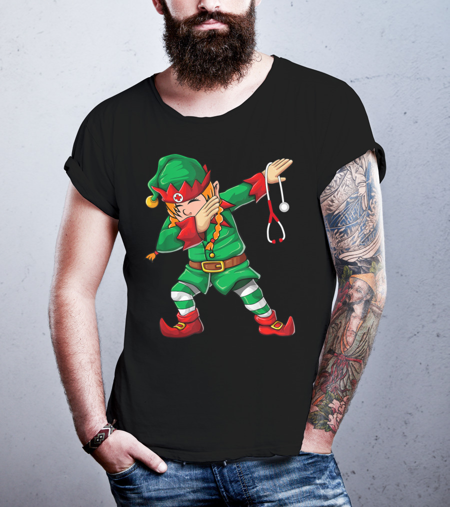 Dabbing Elf Girl Christmas Nurse Stethoscope Scrub Tops T-Shirt
