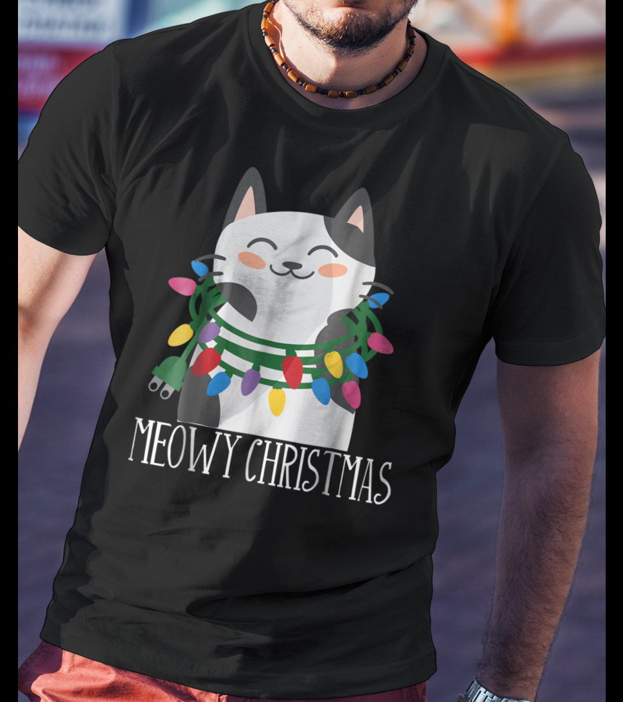 Meowy Christmas Holiday Funny Catma With Festive Lights And Happy Smiling Cat T-Shirt