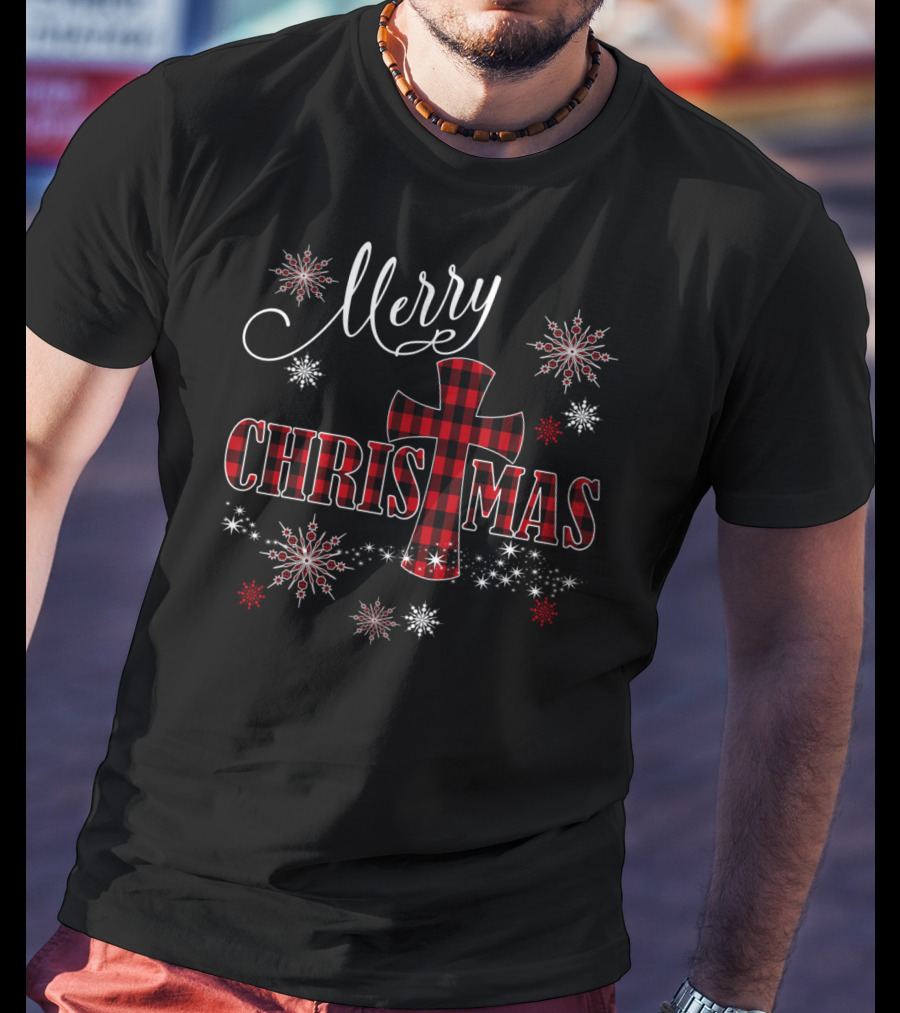 Merry Christmas Christian Cross Buffalo Plaid With Snowflakes T-Shirt