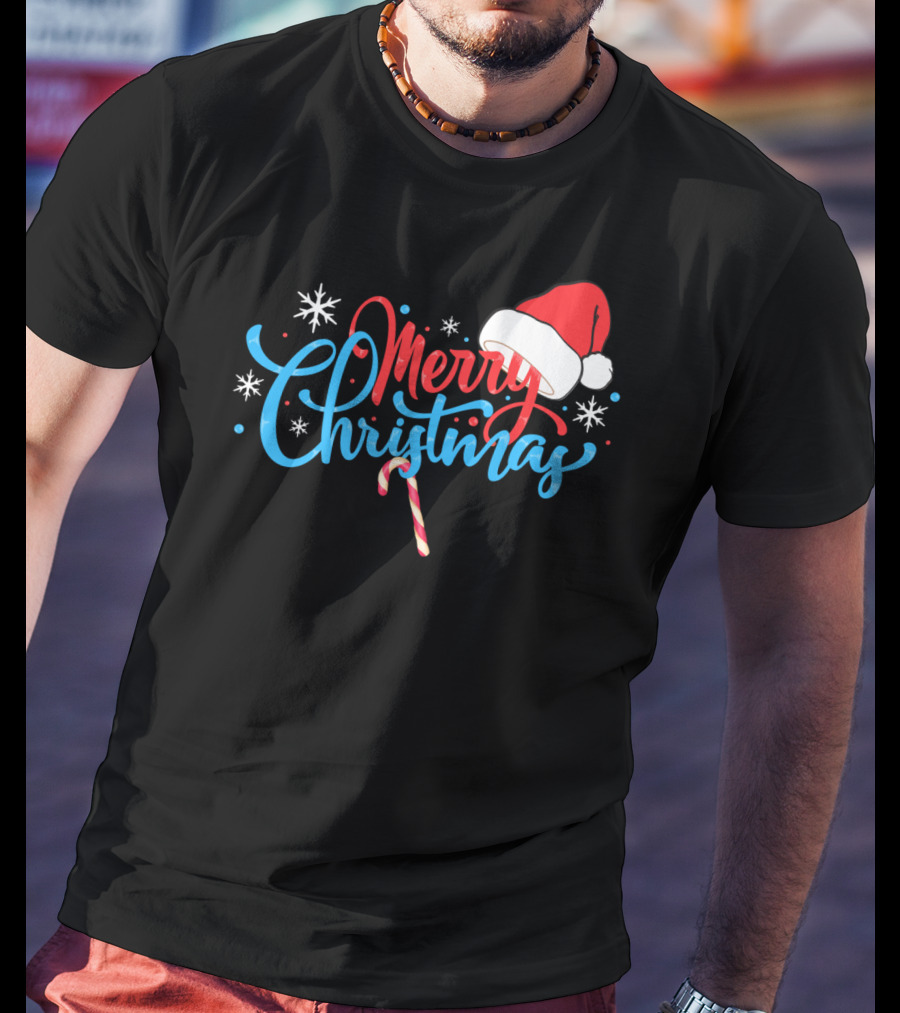 Merry Christmas Nice Santa's Hat Candy Cane Snowflakes T-Shirt