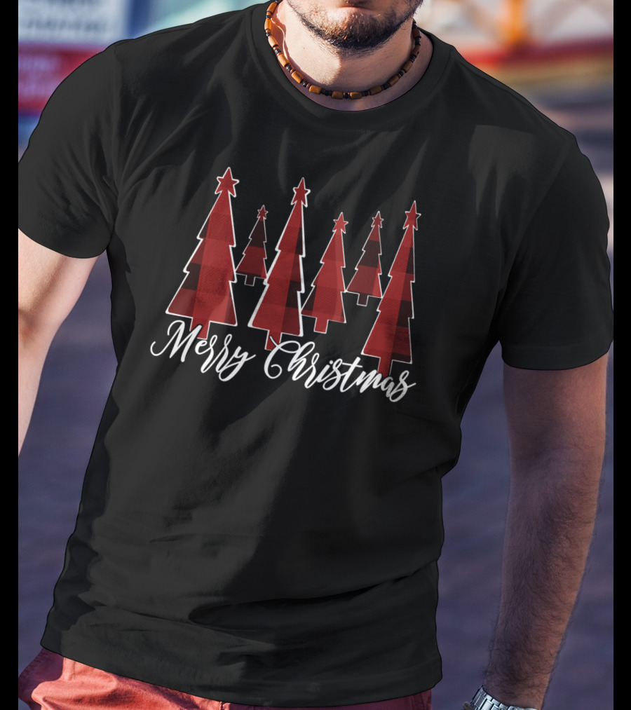 Merry Christmas Red And Black Buffalo Plaid Trees T-Shirt