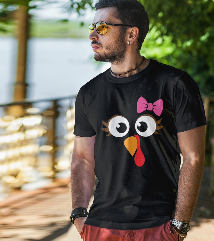 Turkey Face With Pink Bow Girl Cartoon Eyes T-Shirt
