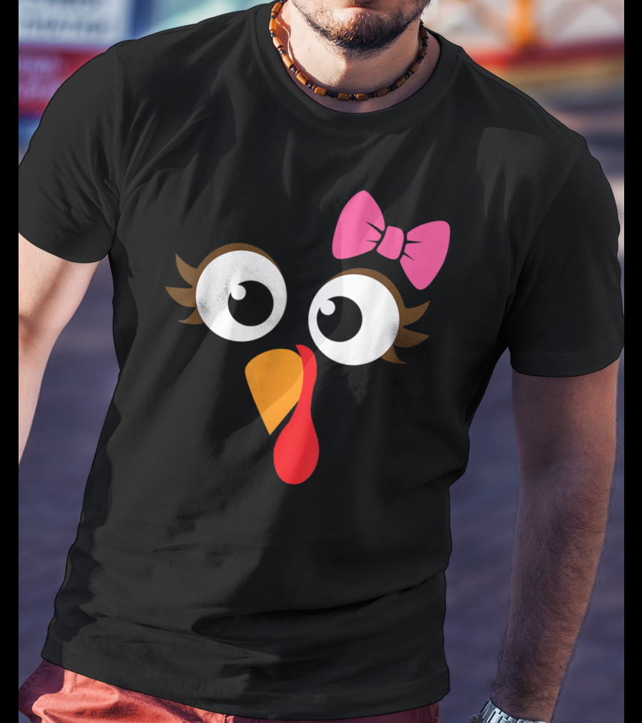 Turkey Face With Pink Bow Girl Cartoon Eyes T-Shirt