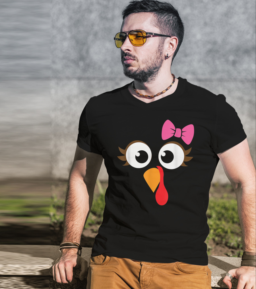 Turkey Face With Pink Bow Girl Cartoon Eyes T-Shirt