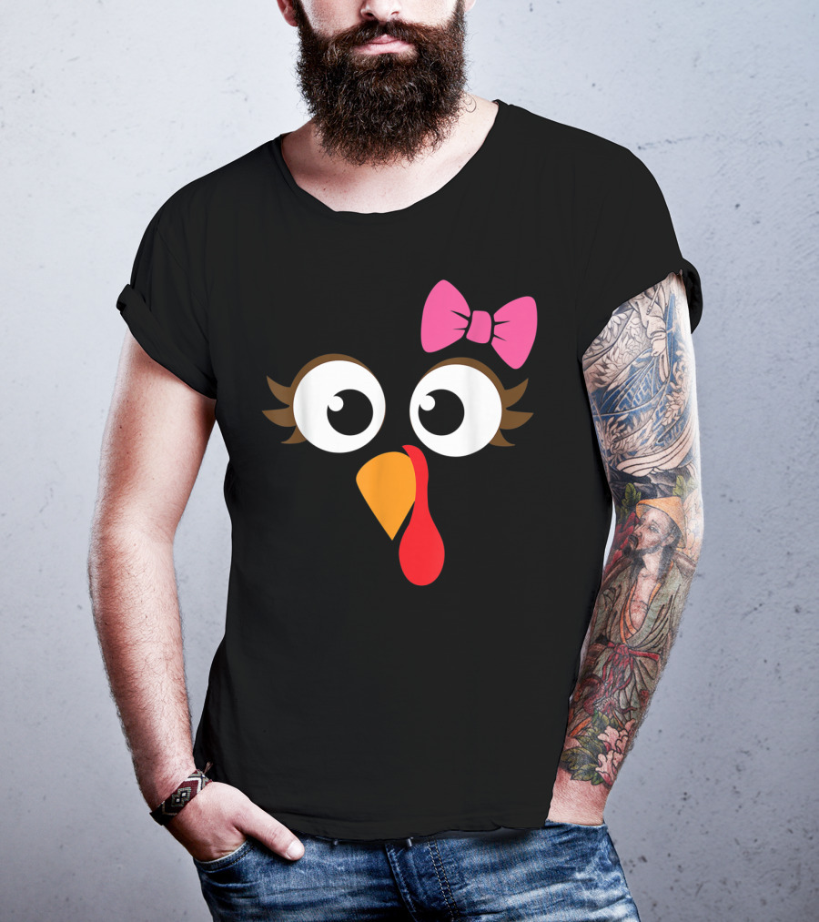 Turkey Face With Pink Bow Girl Cartoon Eyes T-Shirt