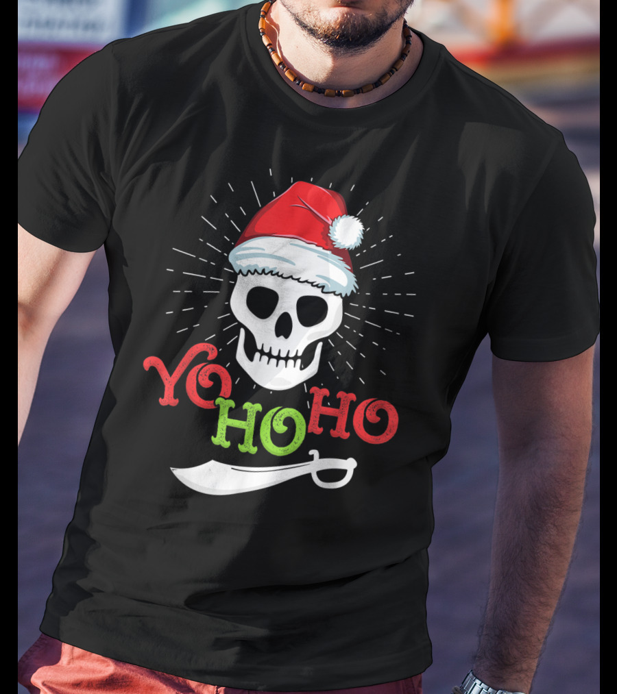 Yo Ho Ho Skull With Santa Hat And Sword T-Shirt