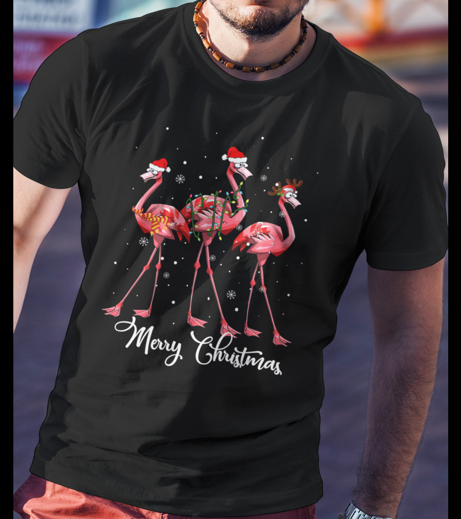 Merry Christmas Flamingo Christmas Lights Santa Hat Reindeer Antlers T-Shirt