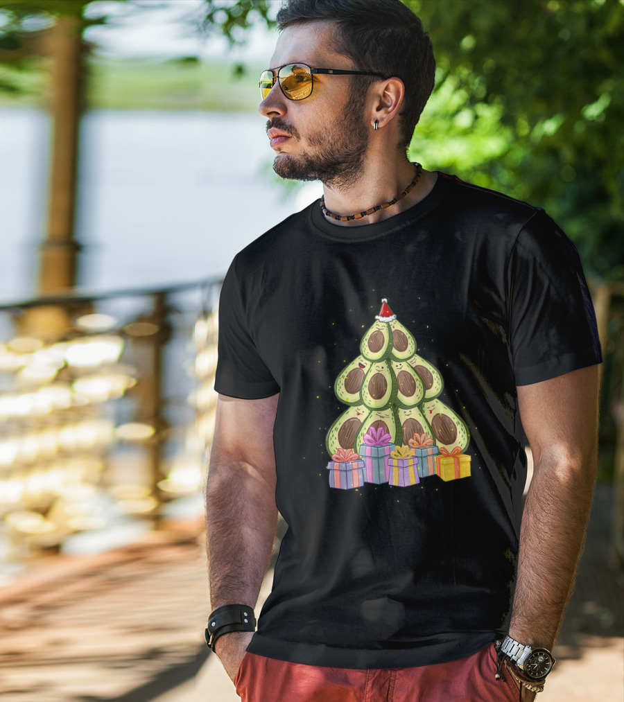 Avocado Christmas Tree With Santa Hat And Presents Avocado Lover T-Shirt
