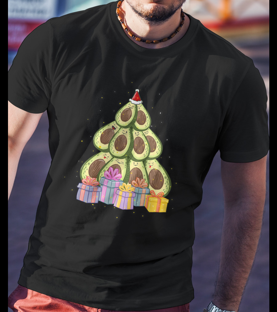 Avocado Christmas Tree With Santa Hat And Presents Avocado Lover T-Shirt