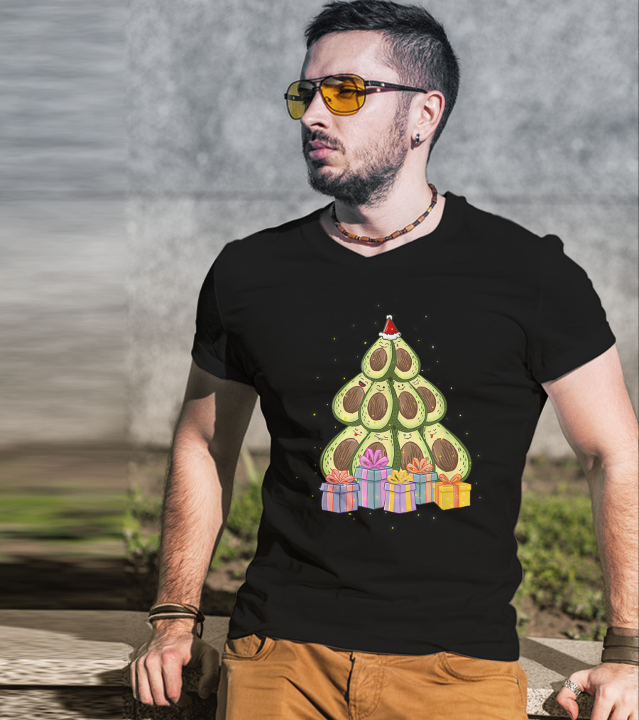 Avocado Christmas Tree With Santa Hat And Presents Avocado Lover T-Shirt