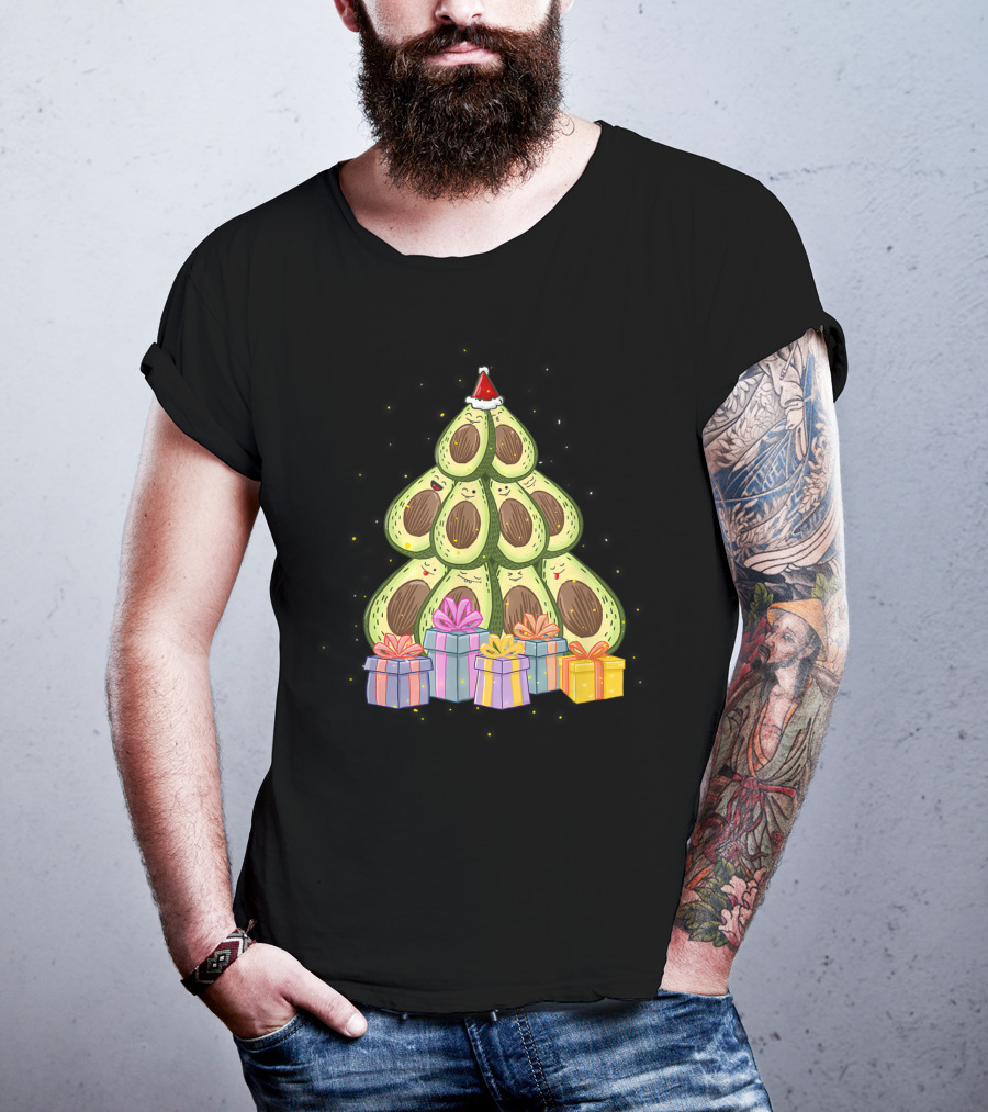 Avocado Christmas Tree With Santa Hat And Presents Avocado Lover T-Shirt