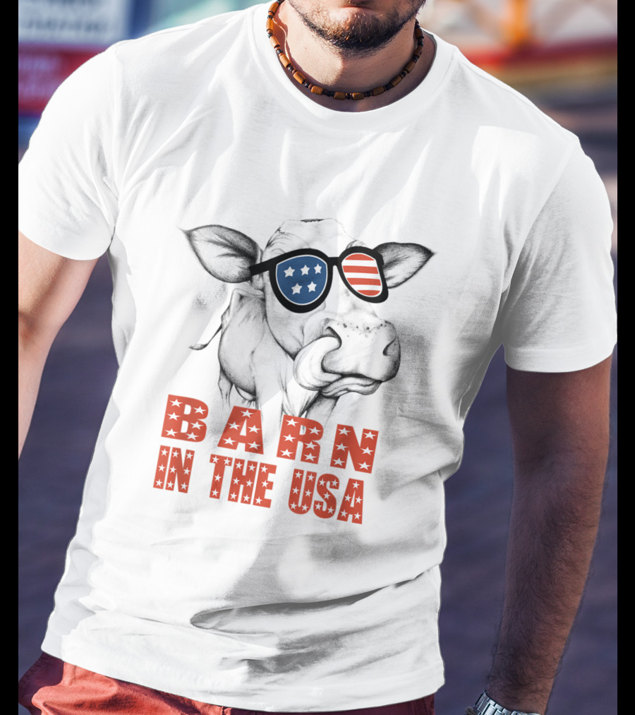 Barn In The USA Patriotic Flag Sunglasses Cow T-Shirt