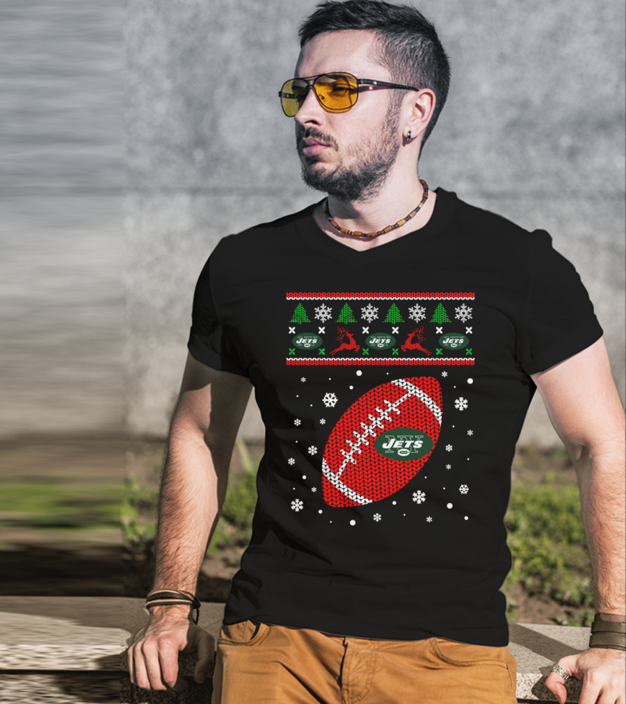 Football Lover Ugly Christmas Jets Team Holiday T-Shirt