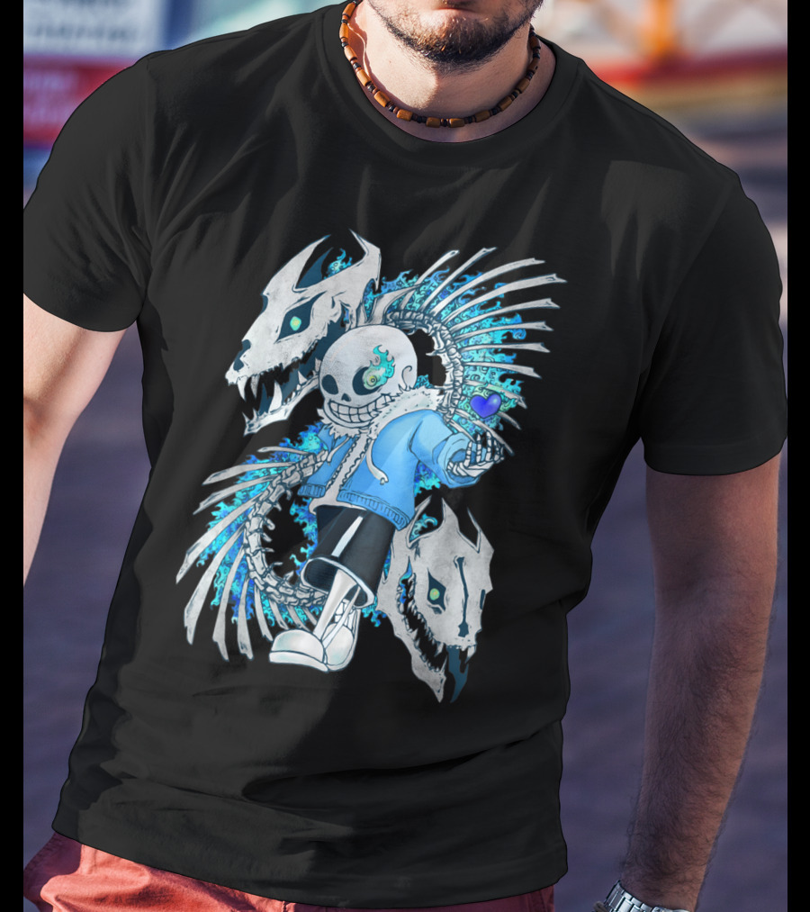 Sans Undertale Skeleton Flames Blue Heart Gaming Character T-Shirt