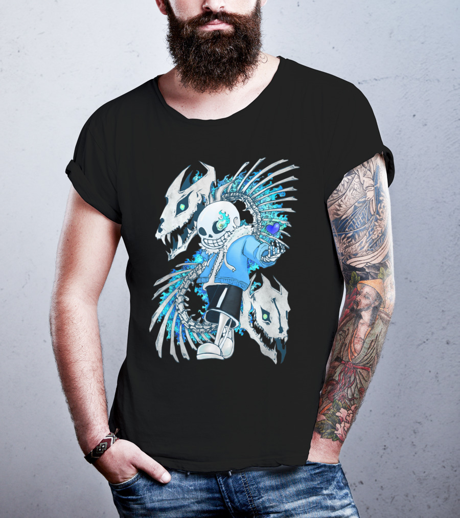 Sans Undertale Skeleton Flames Blue Heart Gaming Character T-Shirt