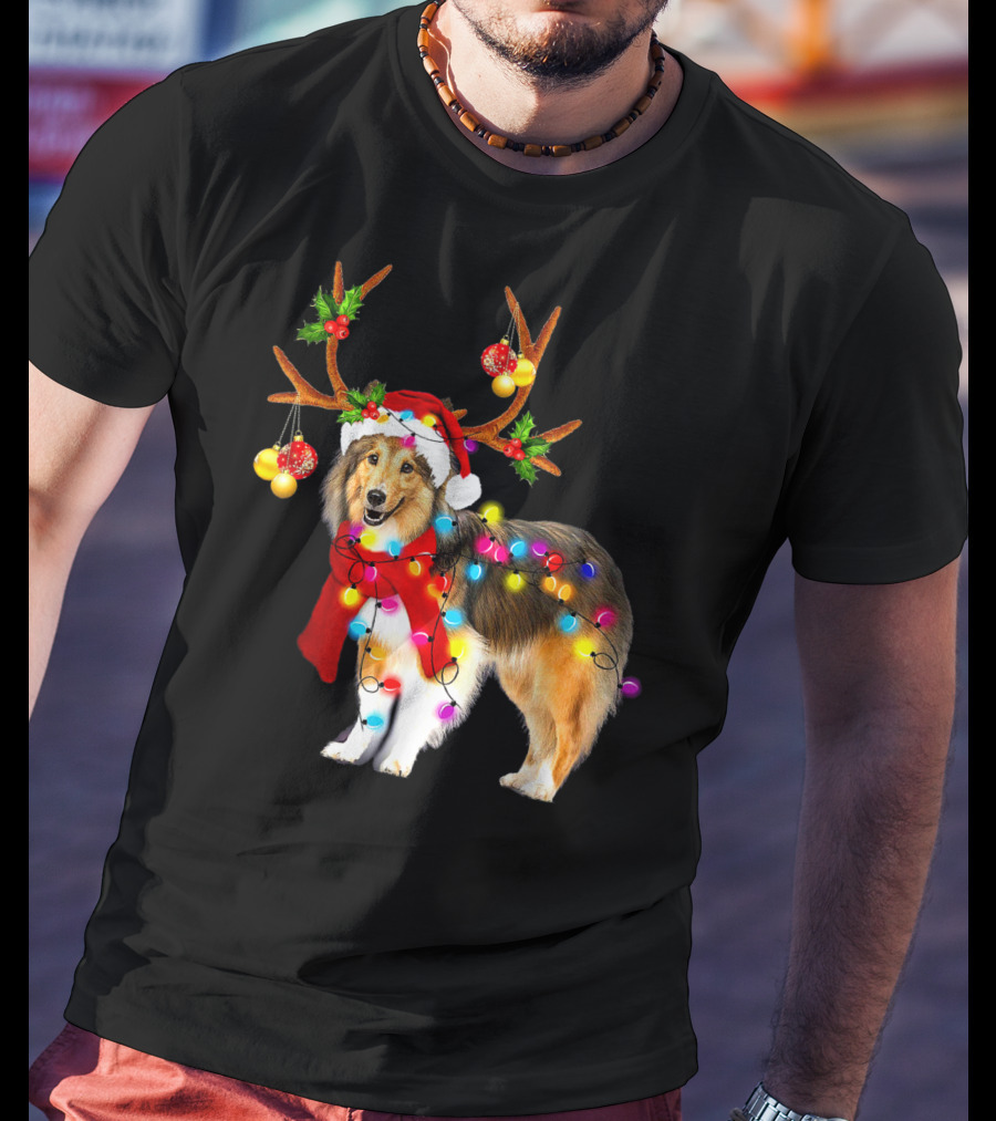 Christmas Sheltie Dog In Santa Hat With Reindeer Antlers And Colorful String Lights T-Shirt
