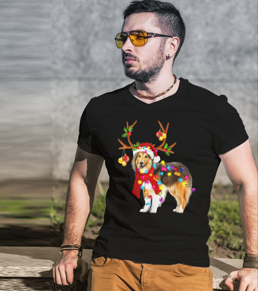 Christmas Sheltie Dog In Santa Hat With Reindeer Antlers And Colorful String Lights T-Shirt