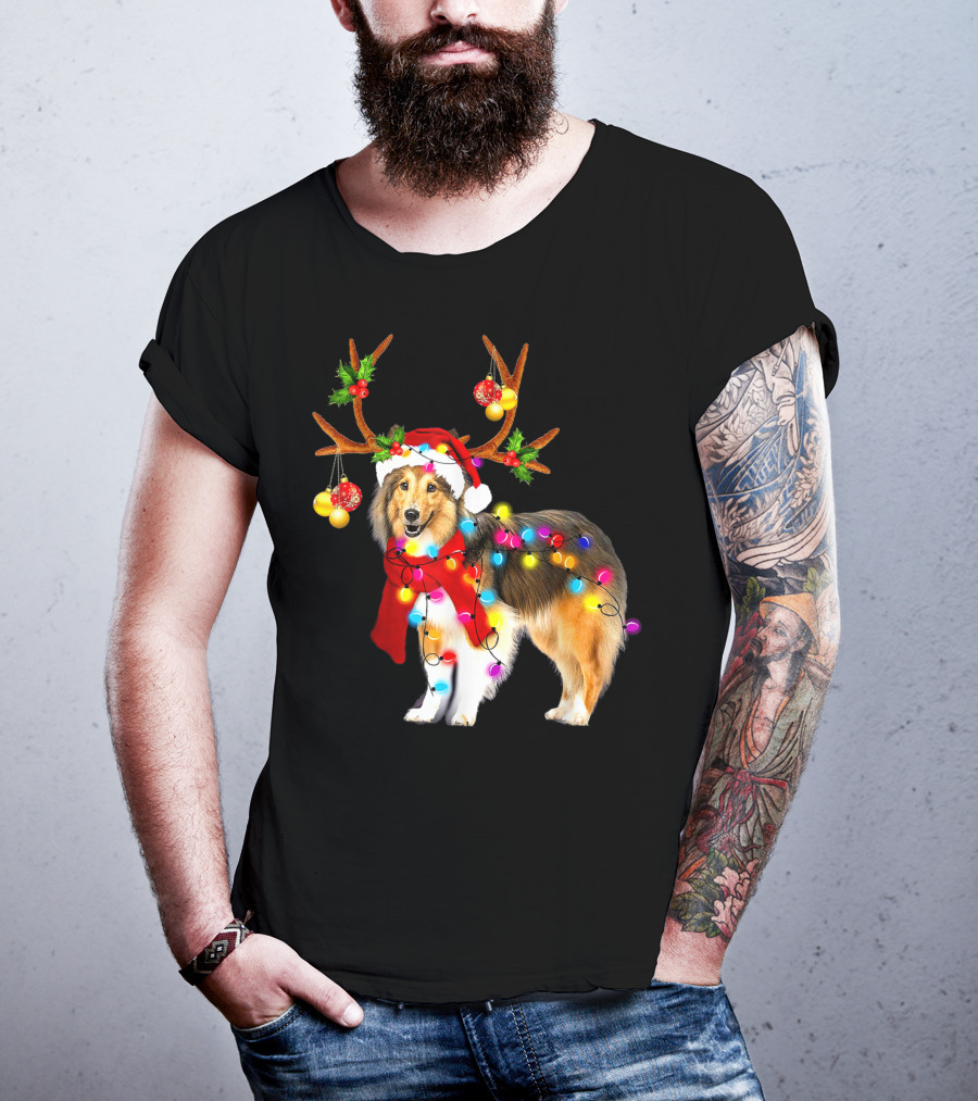 Christmas Sheltie Dog In Santa Hat With Reindeer Antlers And Colorful String Lights T-Shirt