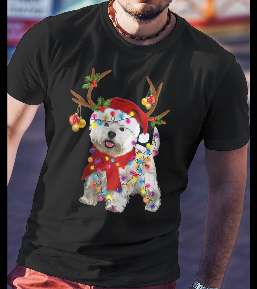 Santa Westie Dog Reindeer Lights Holiday T-Shirt