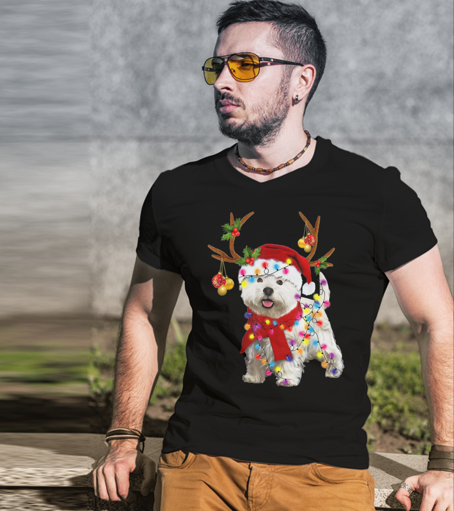 Santa Westie Dog Reindeer Lights Holiday T-Shirt