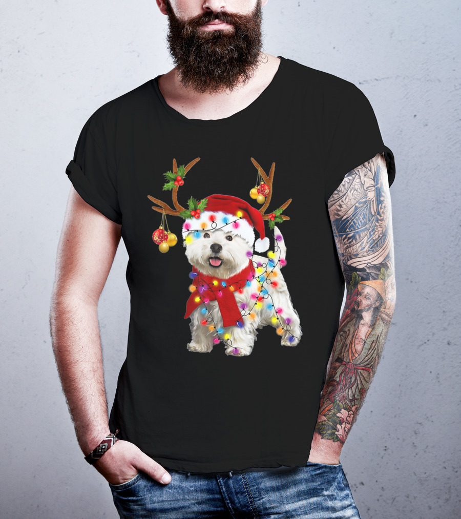 Santa Westie Dog Reindeer Lights Holiday T-Shirt