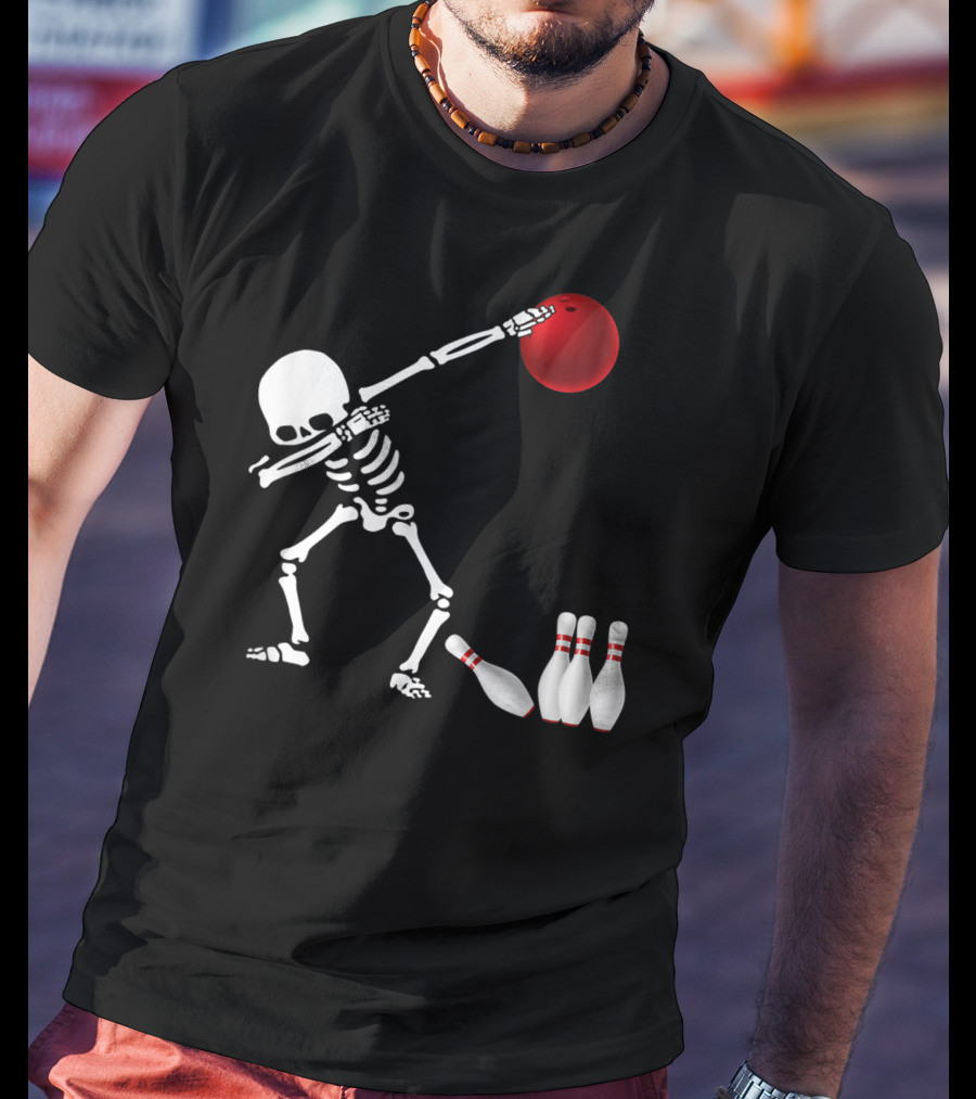 Skeleton Bowler Dabbing With Red Bowling Ball And Pins Fun Bones Lover T-Shirt