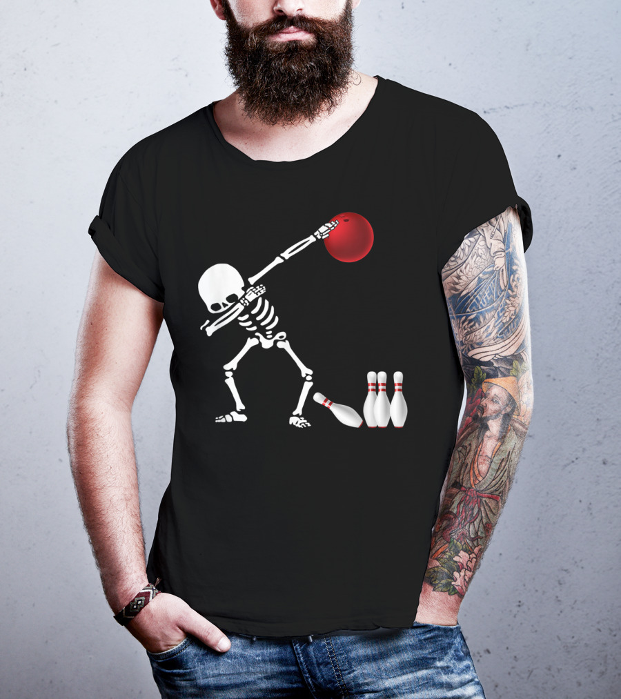Skeleton Bowler Dabbing With Red Bowling Ball And Pins Fun Bones Lover T-Shirt