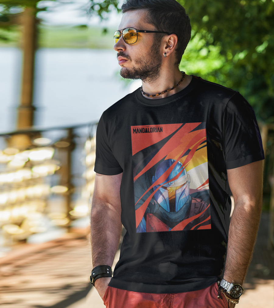 Star Wars The Mandalorian Helmet With Red And Orange Abstract Waves T-Shirt