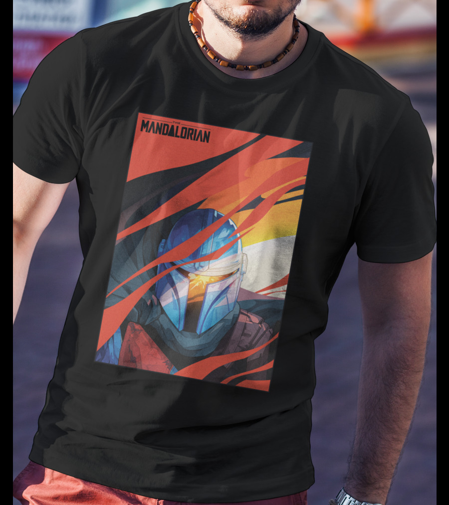 Star Wars The Mandalorian Helmet With Red And Orange Abstract Waves T-Shirt