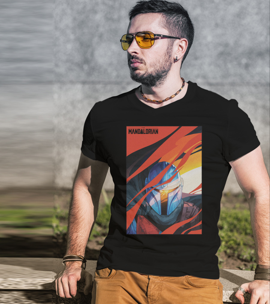 Star Wars The Mandalorian Helmet With Red And Orange Abstract Waves T-Shirt