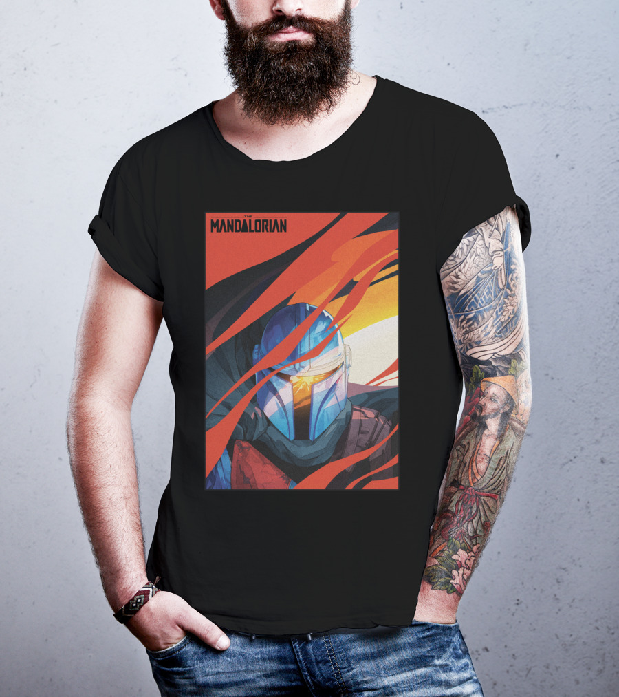 Star Wars The Mandalorian Helmet With Red And Orange Abstract Waves T-Shirt