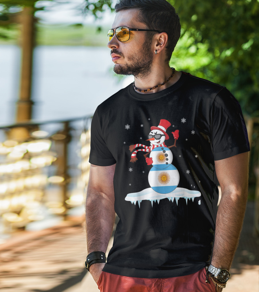 Argentinian Flag Snowman Dancing In Sunglasses Merry Winter T-Shirt