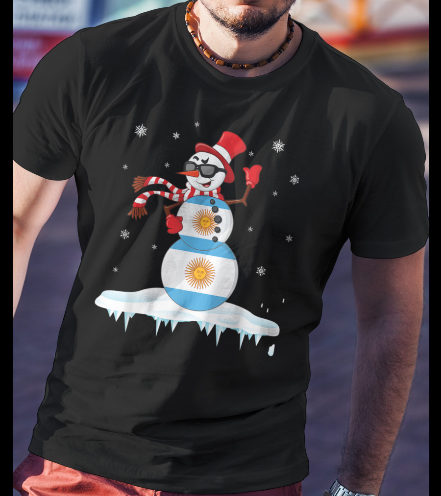 Argentinian Flag Snowman Dancing In Sunglasses Merry Winter T-Shirt