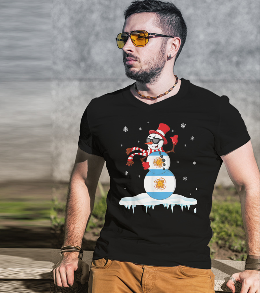 Argentinian Flag Snowman Dancing In Sunglasses Merry Winter T-Shirt