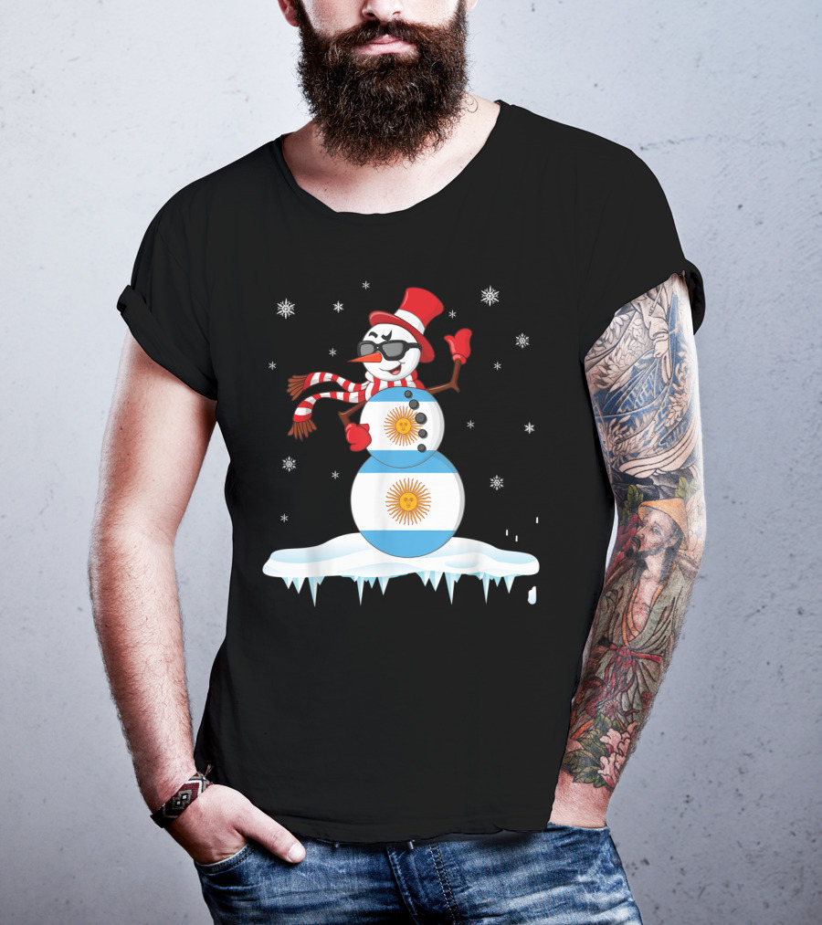 Argentinian Flag Snowman Dancing In Sunglasses Merry Winter T-Shirt