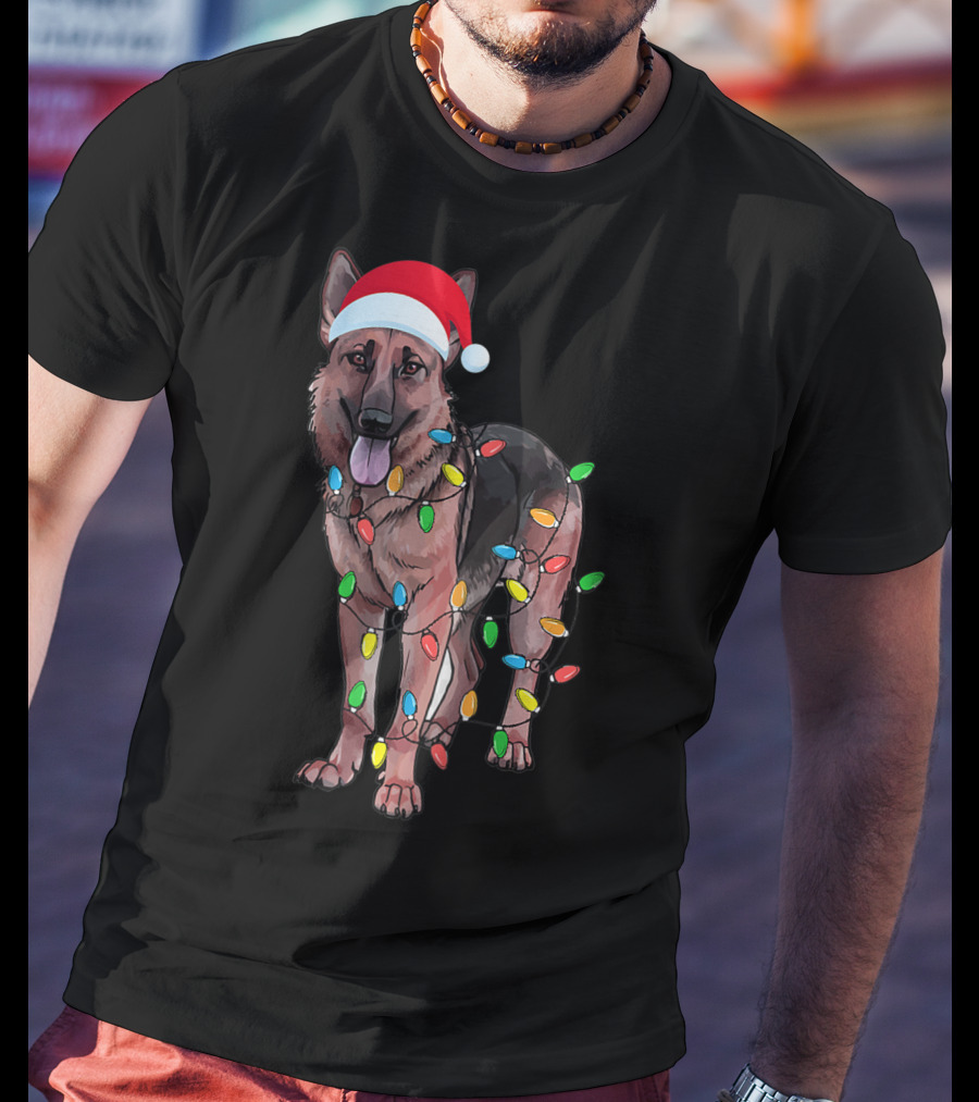 Christmas German Shepherd Dog Santa Hat Wrapped In Lights T-Shirt